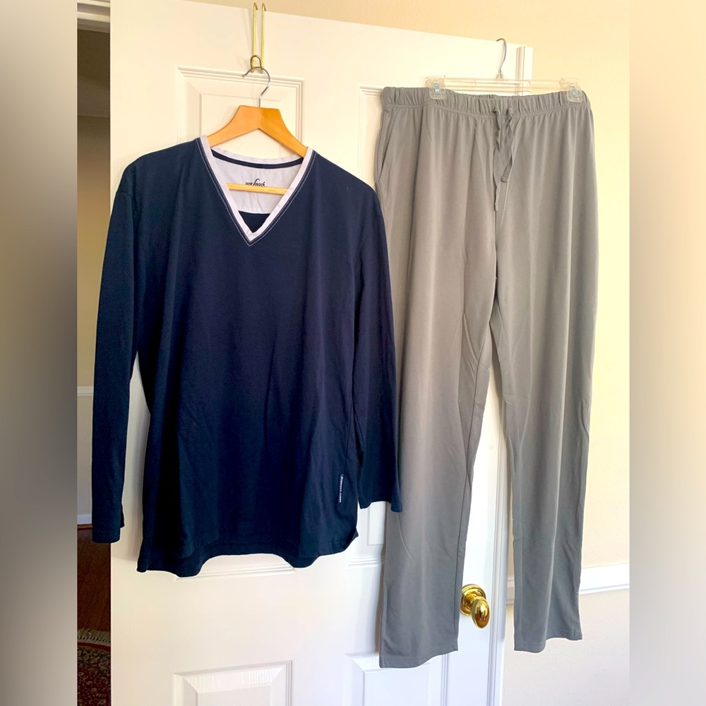 Men’s Pajamas: Blue Top Long Sleeves, Gray Bottom Pants L/XL